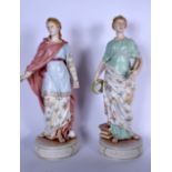 A LARGE PAIR OF EUROPEAN PORCELAIN FIGURINES OF STANDING FEMALES, formed as "Melpomene, Muse of