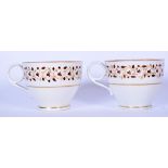 A PAIR OF 19TH CENTURY BARR WORCESTER PORCELAIN TEA CUPS, decorated brown and gilt floral inspired