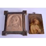 AN ITALIAN CARVED WOODEN PLAQUE OF THE POPE together with another panel of a female. 17 cm x 19 cm &