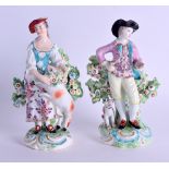 A PAIR OF 18TH CENTURY DERBY FIGURES OF A GALLANT AND COMPANION model No 60. 14 cm high.