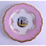 A FLIGHT BARR AND BARR GADROON BORDERED PINK PLATE painted with figures. 21 cm wide.