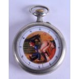 A CONTINENTAL EROTIC POCKET WATCH depicting a male seeking refuge behind a females backside being