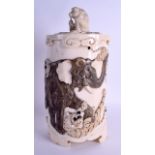 A GOOD LARGE 19TH CENTURY JAPANESE MEIJI PERIOD IVORY TUSK VASE AND COVER decorated with tigers