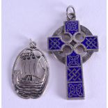 AN ANTIQUE SCOTTISH SILVER AND ENAMEL CELTIC PENDANT together with a Mizpah Viking pendant. (2)