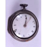 AN 18TH ENGLISH SILVER AND TORTOISHESHELL PAIR CASED POCKET WATCH. 5 cm diameter.