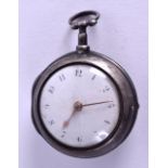 AN EARLY SILVER DOUBLE CASED VERGE POCKET WATCH. 5 cm diameter.