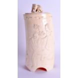 A 19TH CENTURY JAPANESE MEIJI PERIOD CARVED IVORY TUSK VASE AND COVER depicting a figure dancing