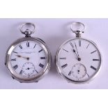 TWO 19TH CENTURY SILVER POCKET WATCHES. 5 cm diameter. (2)