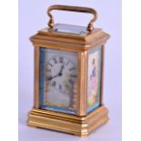 A MINIATURE SEVRES STYLE CARRIAGE CLOCK. 8.5 cm high inc handle.