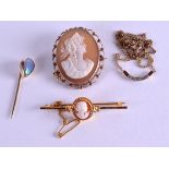 A LATE VICTORIAN GOLD CAMEO BROOCH together with an opal pin etc. (4)