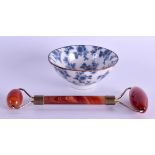 AN AGATE ROLLER together a porcelain bowl. (2)