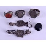 A PAIR 19TH CENTURY SILVER EARRINGS together with three rings & a seal. (6)