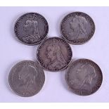 FIVE ANTIQUE SILVER CROWN COINS. (5)