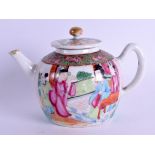 A 19TH CENTURY CHINESE CANTON FAMILLE ROSE TEAPOT AND COVER painted with figures. 15 cm wide.