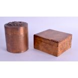 A 1920S ART DECO BURR WALNUT BOX together with a copper box and cover. Box 9 cm square, copper 9