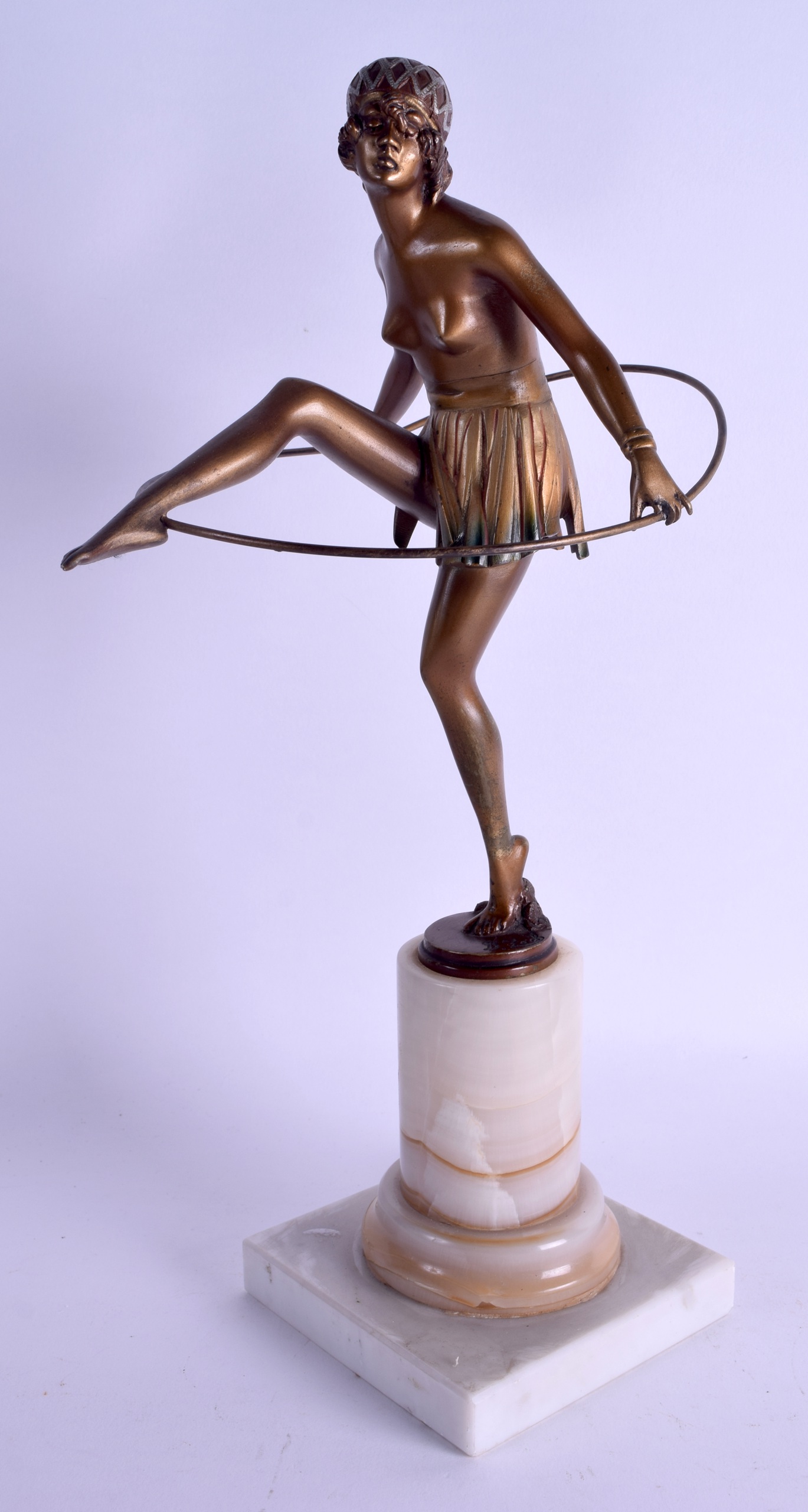 A GOOD ART DECO COLD PAINTED AUSTRIAN BRONZE HOOP DANCER by Bruno Zach (1891-1945), modelled upon