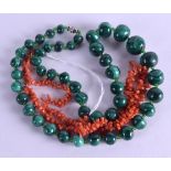 A MALACHITE NECKLACE together with a coral necklace. (2)