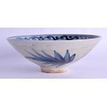 A CHINESE BLUE AND WHITE PORCELAIN CONICAL BOWL painted with foliage and vines. 17 cm diameter.