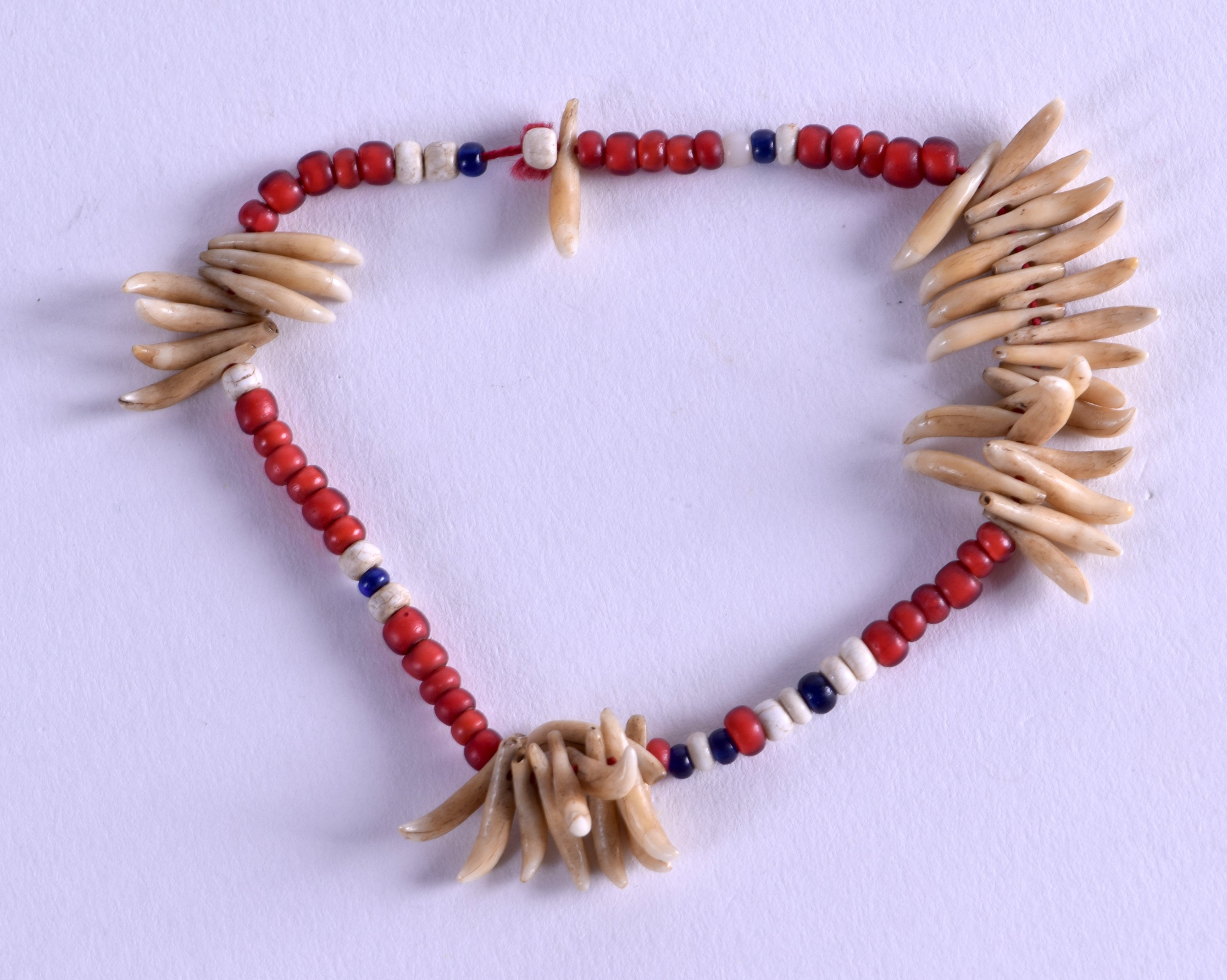 AN EARLY 20TH CENTURY TRIBAL CORAL AND TOOTH BRACELET.