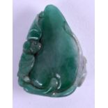 A CHINESE CARVED JADEITE AMULET overlaid with bats. 7 cm x 4.5 cm.