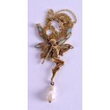 A LOVELY ART NOUVEAU 14CT GOLD AND ENAMEL FAIRY PENDANT with hanging baroque pearl. 6.9 grams.