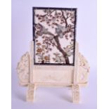 A FINE 19TH CENTURY JAPANESE MEIJI PERIOD SHIBAYMA IVORY AND SILVER SCHOLARS SCREEN decorated with a