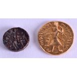 AN EARLY EUROPEAN GOLD COIN possibly Greek, together with another coin. Gold 7.9 grams. (2)