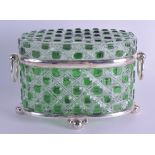 A LARGE SILVER PLATED BOHEMIAN GREEN AND CLEAR GLASS CASKET. 30 cm x 20 cm.