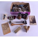 A GROP OF BINOCULARS together with railway cigarette cards, military cards etc. (qty)