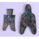 TWO EARLY CHINESE BRONZE AMULETS. 7 cm & 6 cm long. (2)