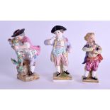 THREE LATE 19TH CENTURY GERMAN PORCELAIN FIGURES modelled upon square form bases. Largest 12 cm