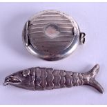 A HALLMARKED SILVER BOX together with a Continental silver fish. (2)