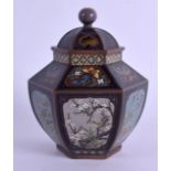 A FINE 19TH CENTURY JAPANESE MEIJI PERIOD ANDO CLOISONNE KORO AND COVER of hexagonal form, decorated