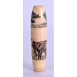 AN UNUSUAL EARLY 20TH CENTURY INDIAN CARVED BONE NEEDLE CASE engraved with elephants within