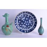 A 19TH CENTURY CHINESE BLUE AND WHITE DISH Late Qing, together with a Robins egg ewer & a vase. Dish
