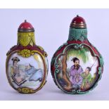 TWO CHINESE REVERSE PAINTED PEKING GLASS SNUFF BOTTLES bearing Qianlong marks to base. 7.5 cm & 6 cm