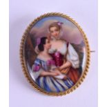 A LATE 19TH CENTURY GERMAN PORCELAIN PAINTED PLAQUE painted with two females within a yellow metal