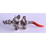 A SILVER AND CORAL BABIES RATTLE. 13.5 cm long.
