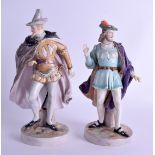 A PAIR OF EARLY 20TH CENTURY PORCELAIN FIGURES modelled as two cavaliers. 22 cm high.