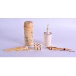 AN EARLY 20TH CENTURY CARVED BONE DICE SHAKER AND COVER together with tooth picks. (qty)