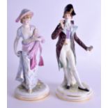 A PAIR OF 19TH CENTURY GERMAN MEISSEN PORCELAIN FIGURES modelled as a male & female upon circular