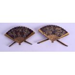 A PAIR OF 19TH CENTUEY JAPANESE MEIJI PERIOD BRONZE FANS decorated in gold with birds and foliage. 5