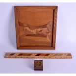 A VICTORIAN TUNBRIDGEWARE STAMP BOX together with a ruler & a wooden panel. (3)