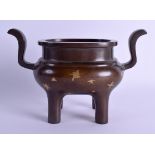 A LARGE CHINESE TWIN HANDLED BRONZE GOLD SPLASH CENSER bearing Xuande marks to base, with high