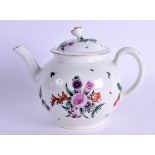 AN 18TH CENTURY WORCESTER POLYCHROME TEAPOT AND COVER painted with floral sprays. 16 cm wide.