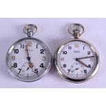 TWO MILITARY HELVETIA & BUREN POCKET WATCHES. 5 cm diameter. (2)