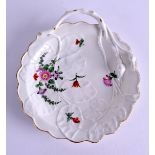 A RARE 18TH CENTURY WORCESTER BLIND EARL ROSE BUD AND LEAF TRAY painted with flowers. 16 cm wide.
