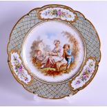 A 19TH CENTURY FRENCH PARIS SEVRES STYLE PORCELAIN PLATE painted with three figures within a landsca