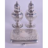 A PAIR OF SILVER CONDIMENTS together with an engraved silver case. 4.5 oz. (3)