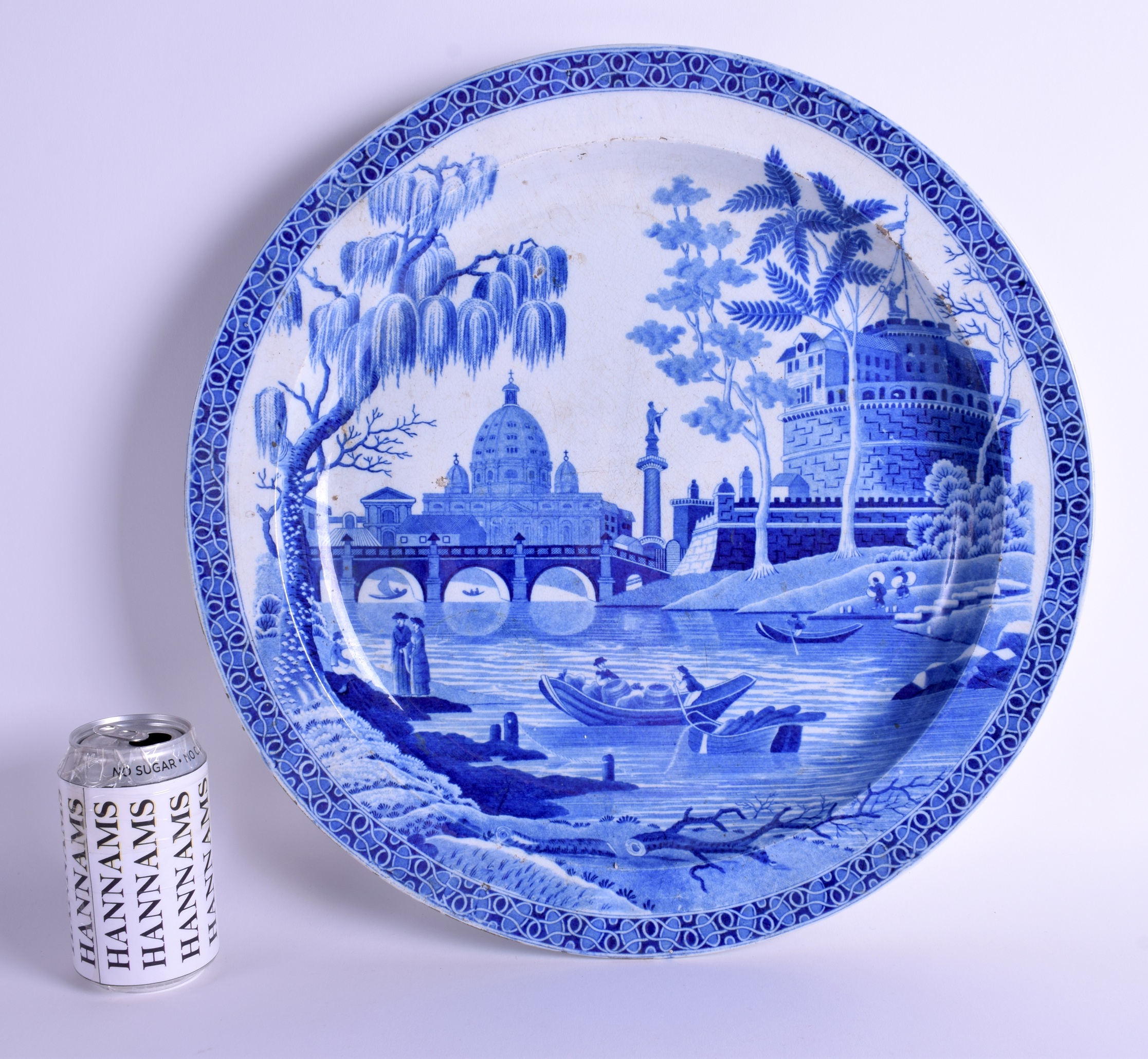 A RARE LARGE 19TH CENTURY SPODE BLUE AND WHITE POTTERY DISH decorated with the Tiber or Rome pattern - Image 4 of 4